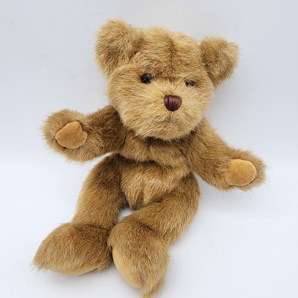 Jerry Elsner Jointed Floppy Teddy Bear Plush 10" Tan Stitch Nose Beanie Rib Feet